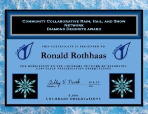 Ronald Rothhaas Diamond Dendrite Award certificate